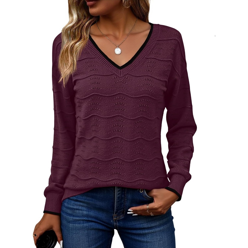 image:imageZeagoo Womens Sweaters Fall Casual Long Sleeve V Neck Shirts Lightweight Crochet Ribbed Knit Pullover Tops OutfitsPurple
