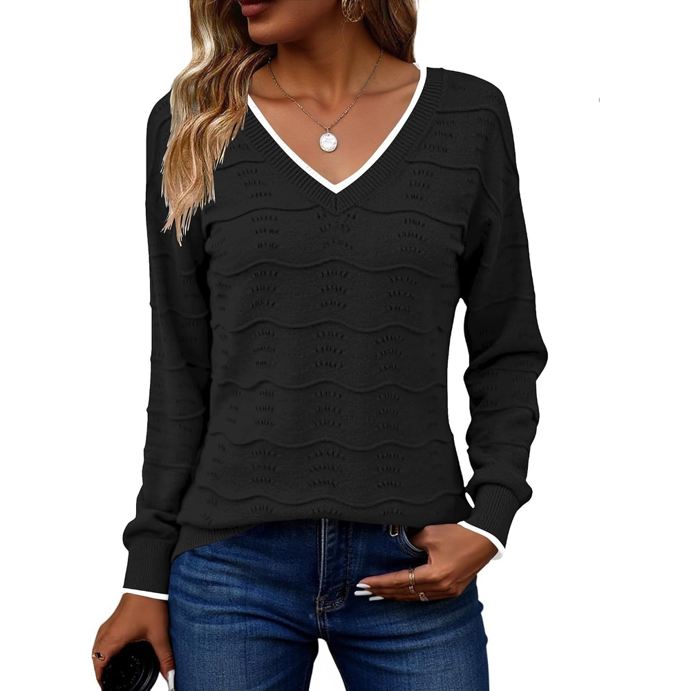image:imageZeagoo Womens Sweaters Fall Casual Long Sleeve V Neck Shirts Lightweight Crochet Ribbed Knit Pullover Tops OutfitsStripedblack