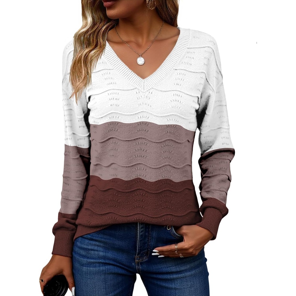 image:imageZeagoo Womens Sweaters Fall Casual Long Sleeve V Neck Shirts Lightweight Crochet Ribbed Knit Pullover Tops OutfitsTan Colorblock
