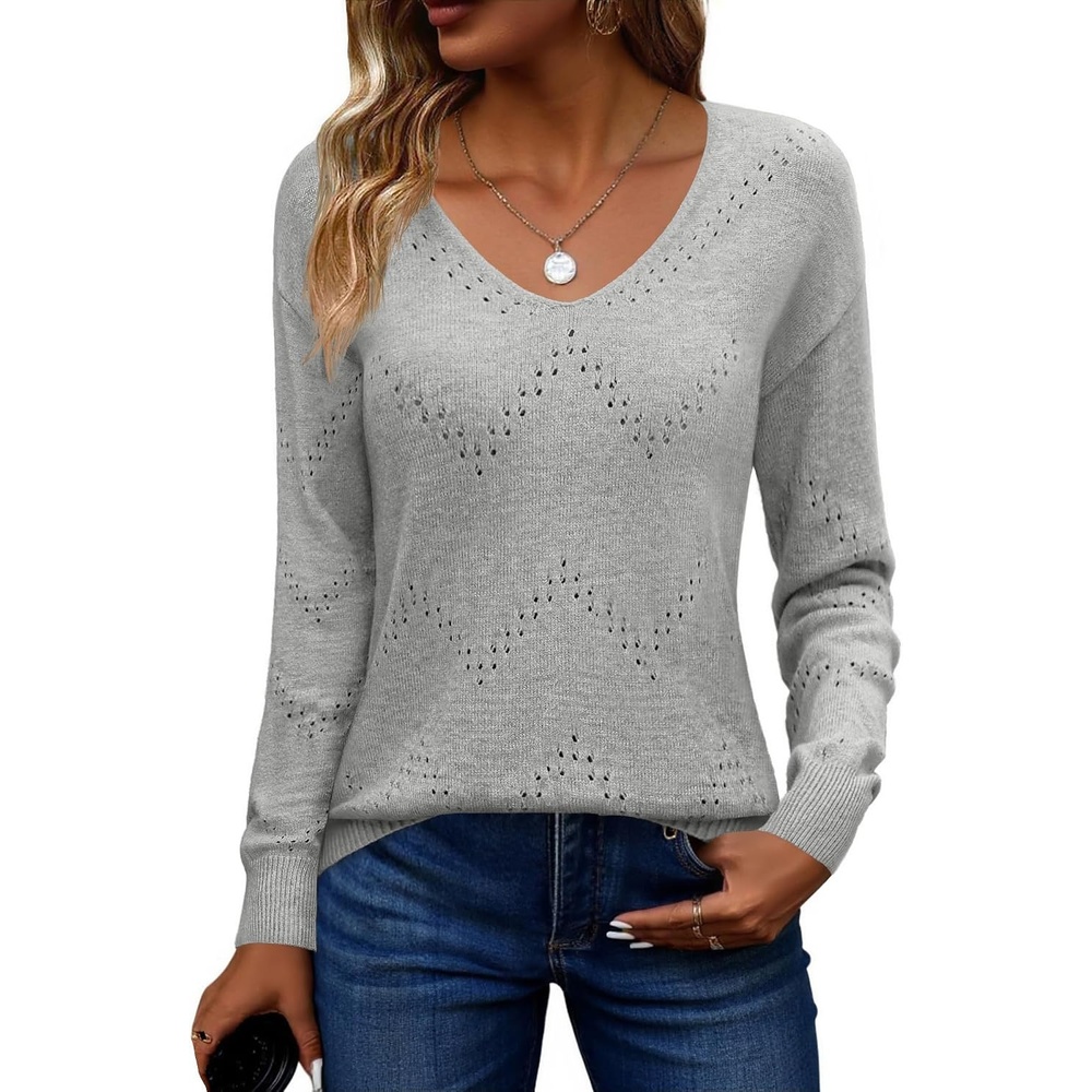 image:imageZeagoo Womens Sweaters Fall Trendy Casual Long Sleeve Shirt Lightweight V Neck Off Shoulder Crochet Pullover Top OutfitBgray