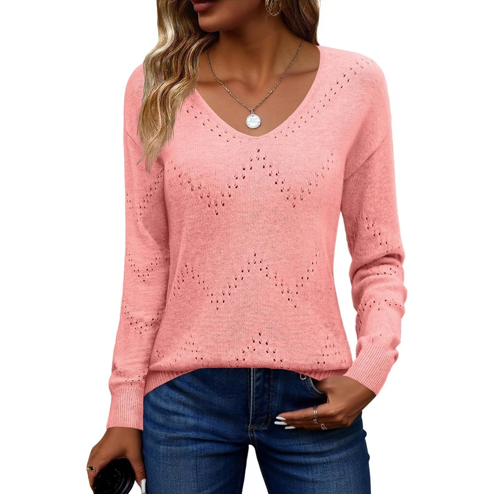 image:imageZeagoo Womens Sweaters Fall Trendy Casual Long Sleeve Shirt Lightweight V Neck Off Shoulder Crochet Pullover Top OutfitBpink