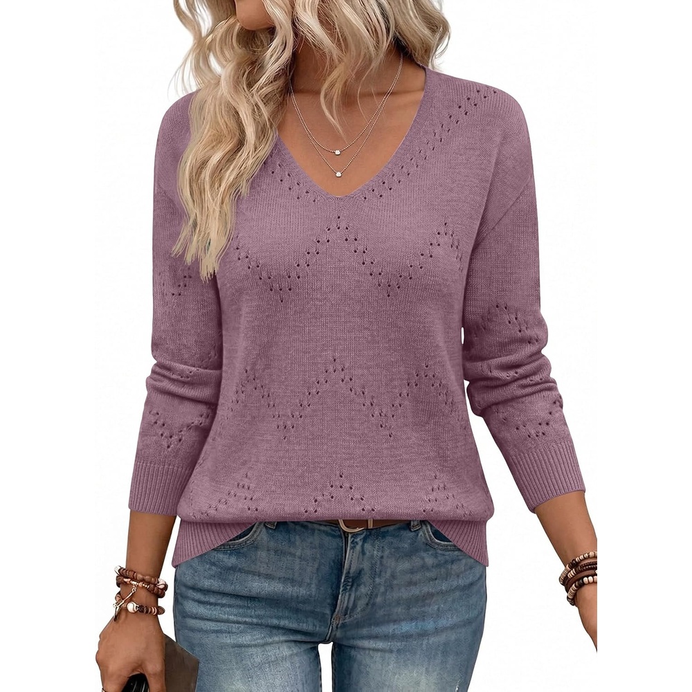 image:imageZeagoo Womens Sweaters Fall Trendy Casual Long Sleeve Shirt Lightweight V Neck Off Shoulder Crochet Pullover Top OutfitBpurple