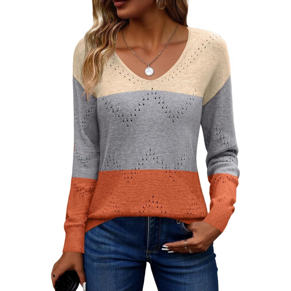 image:imageZeagoo Womens Sweaters Fall Trendy Casual Long Sleeve Shirt Lightweight V Neck Off Shoulder Crochet Pullover Top OutfitCcolorblock Apricot
