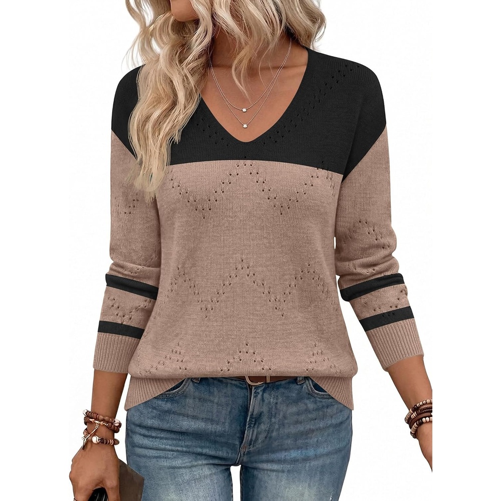 image:imageZeagoo Womens Sweaters Fall Trendy Casual Long Sleeve Shirt Lightweight V Neck Off Shoulder Crochet Pullover Top OutfitEblack Apricot