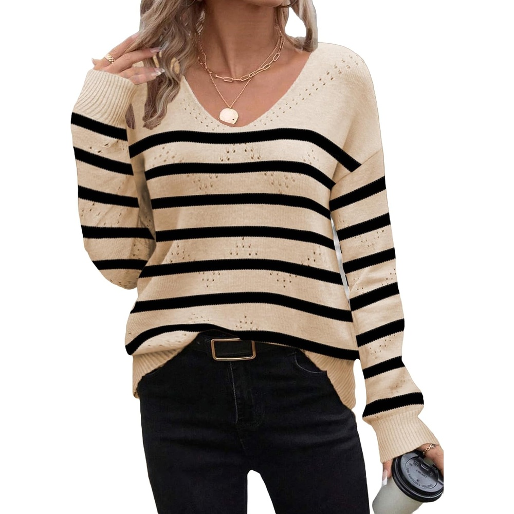 image:imageZeagoo Womens Sweaters Fall Trendy Casual Long Sleeve Shirt Lightweight V Neck Off Shoulder Crochet Pullover Top OutfitFapricot Sriped