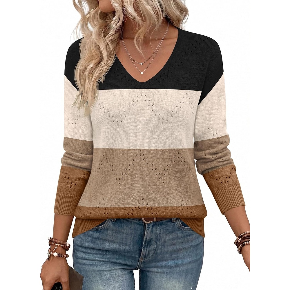 image:imageZeagoo Womens Sweaters Fall Trendy Casual Long Sleeve Shirt Lightweight V Neck Off Shoulder Crochet Pullover Top OutfitFbrown Colorblock