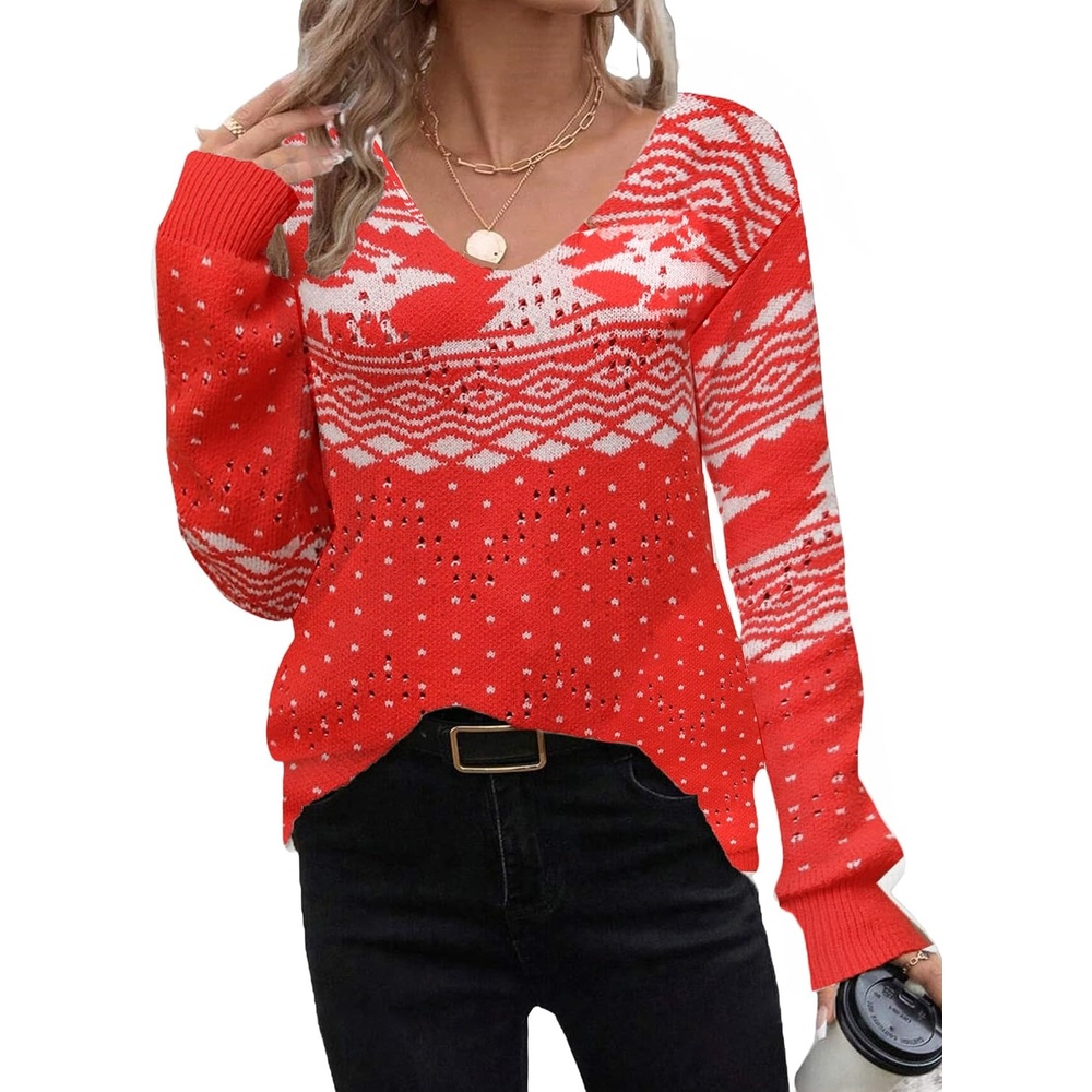 image:imageZeagoo Womens Sweaters Fall Trendy Casual Long Sleeve Shirt Lightweight V Neck Off Shoulder Crochet Pullover Top OutfitFchristmas