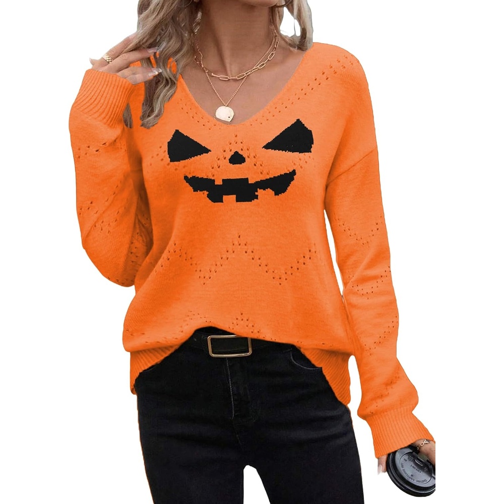 image:imageZeagoo Womens Sweaters Fall Trendy Casual Long Sleeve Shirt Lightweight V Neck Off Shoulder Crochet Pullover Top OutfitFhalloween