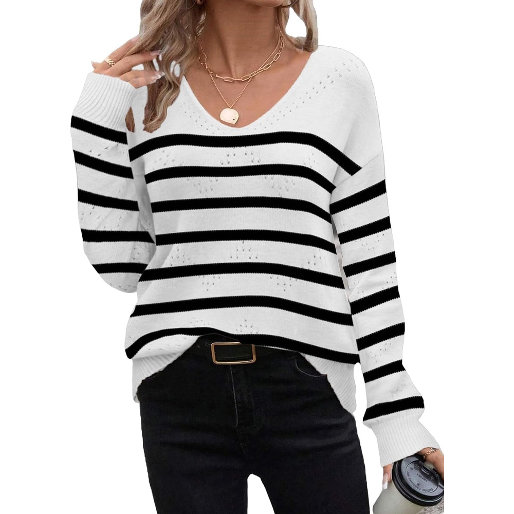 image:imageZeagoo Womens Sweaters Fall Trendy Casual Long Sleeve Shirt Lightweight V Neck Off Shoulder Crochet Pullover Top OutfitWhite Stripe