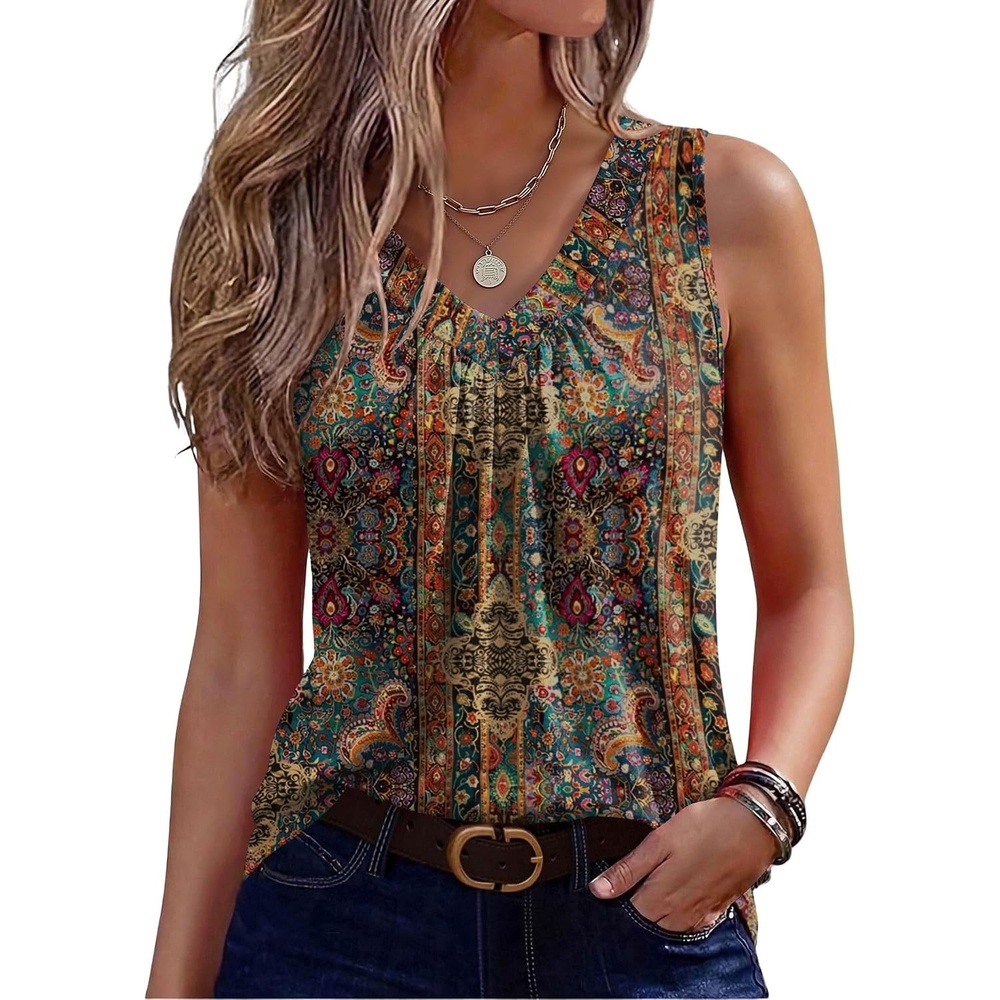 image:imageZeagoo Womens Tank Tops Summer Sleeveless Tops V Neck Pleated ShirtsAmz721 Multicolor