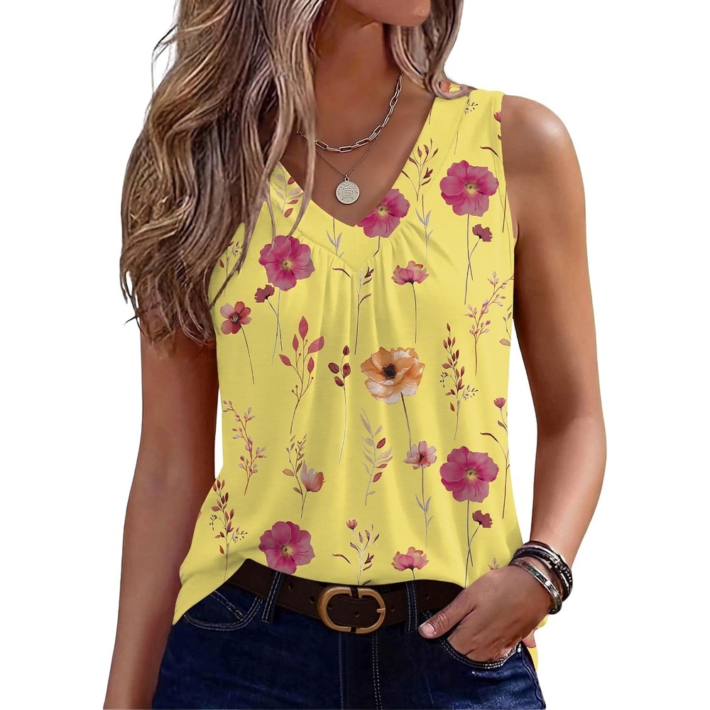 image:imageZeagoo Womens Tank Tops Summer Sleeveless Tops V Neck Pleated ShirtsBf351yellow