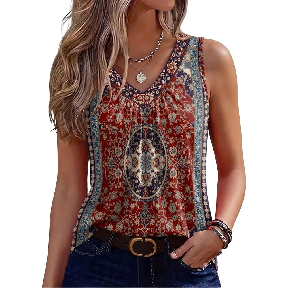image:imageZeagoo Womens Tank Tops Summer Sleeveless Tops V Neck Pleated ShirtsMz870red Print