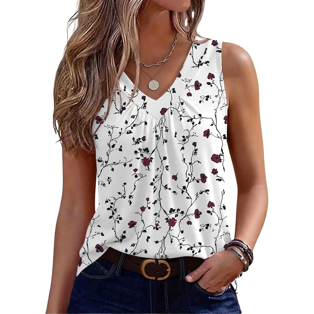 image:imageZeagoo Womens Tank Tops Summer Sleeveless Tops V Neck Pleated ShirtsSf224white Flower