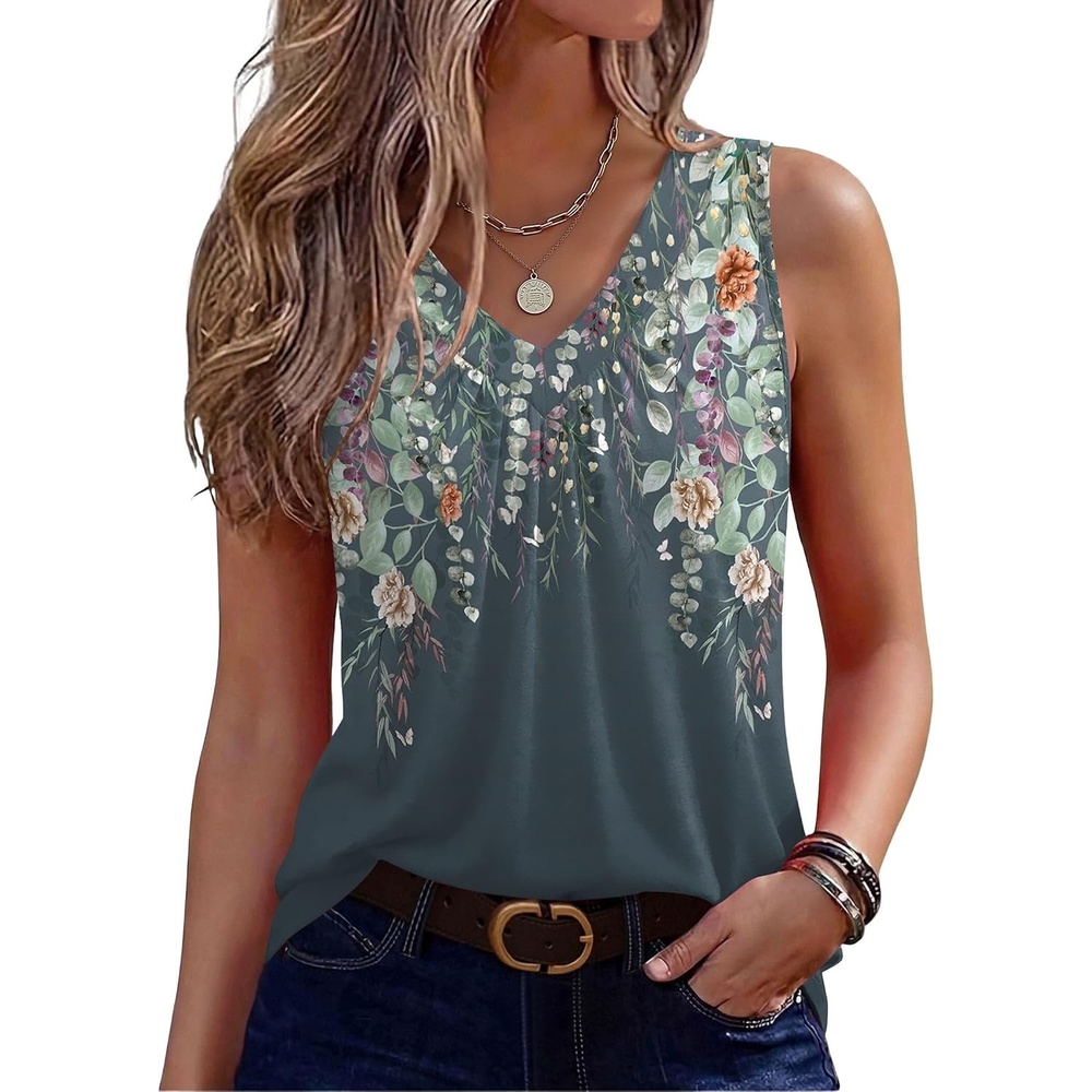 image:imageZeagoo Womens Tank Tops Summer Sleeveless Tops V Neck Pleated ShirtsWf71flower Print