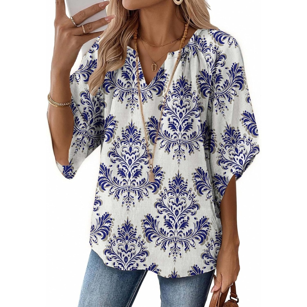 image:imageZeagoo Womens Tops 34 Sleeve V Neck Bohemian Blouses Casual TunicBlue Boho Mz903