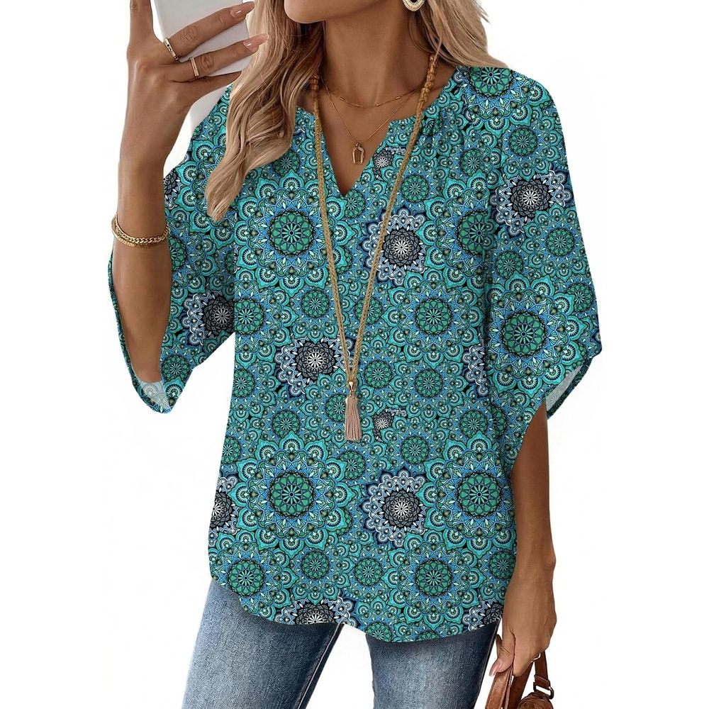 image:imageZeagoo Womens Tops 34 Sleeve V Neck Bohemian Blouses Casual TunicBlue Floral Mz858
