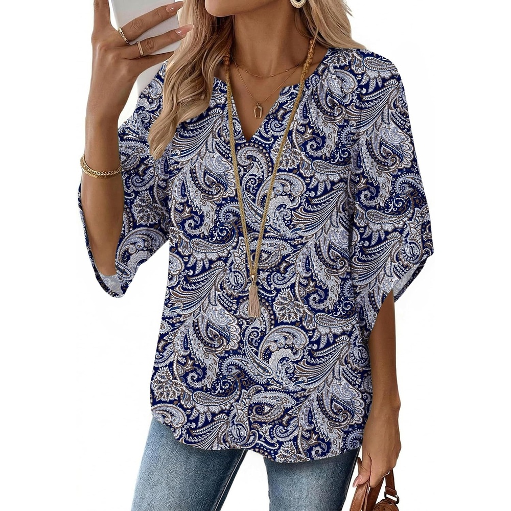 image:imageZeagoo Womens Tops 34 Sleeve V Neck Bohemian Blouses Casual TunicBlue Pattern Mz473