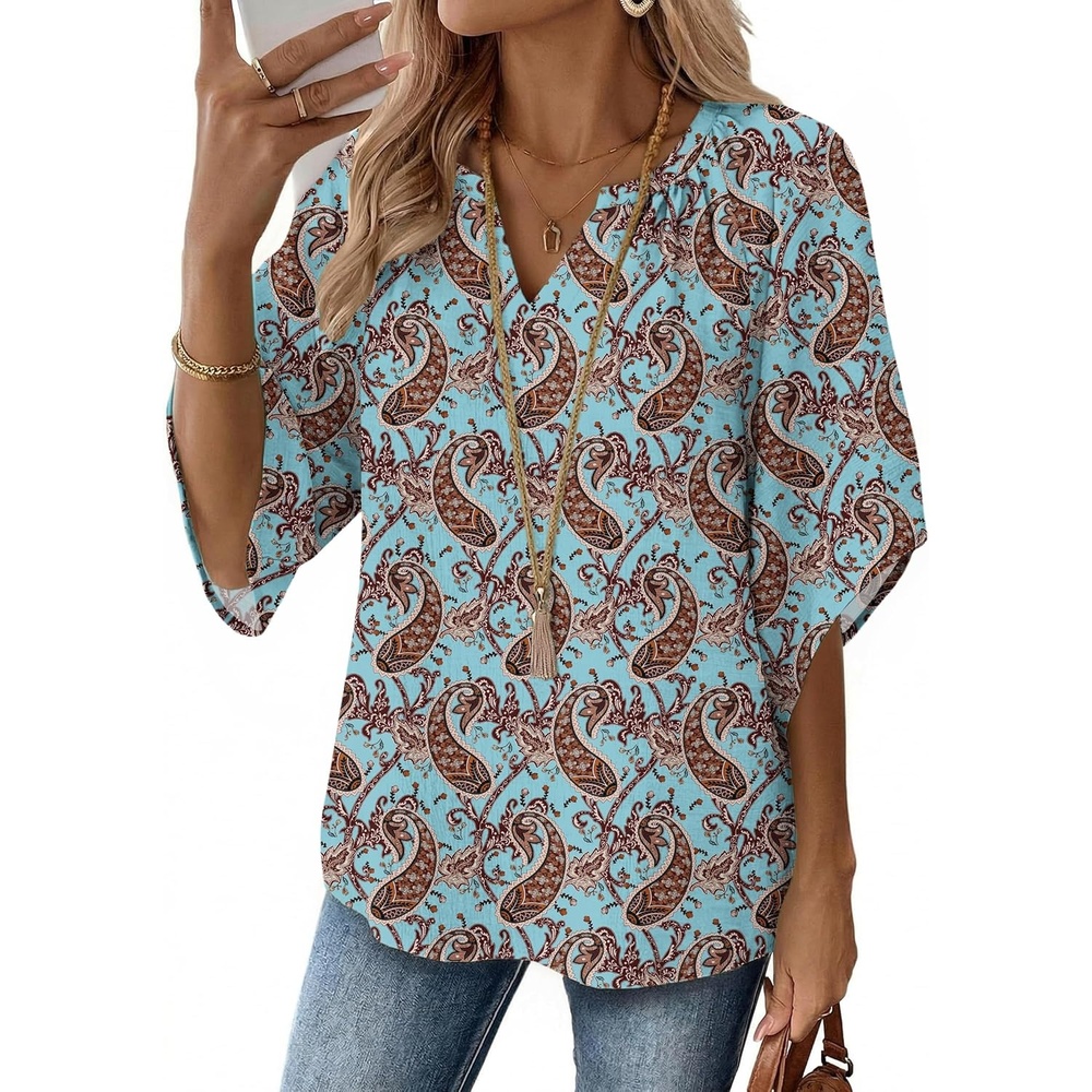 image:imageZeagoo Womens Tops 34 Sleeve V Neck Bohemian Blouses Casual TunicBoho Multicolo Mz899