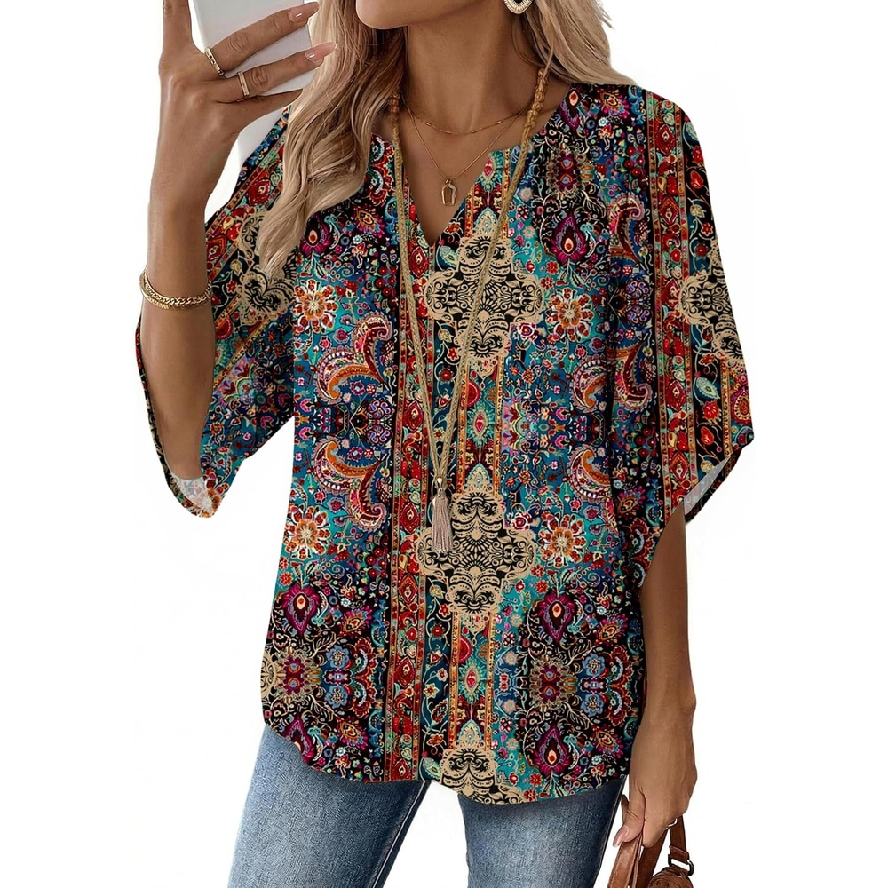 image:imageZeagoo Womens Tops 34 Sleeve V Neck Bohemian Blouses Casual TunicBoho Multicolor Mz721
