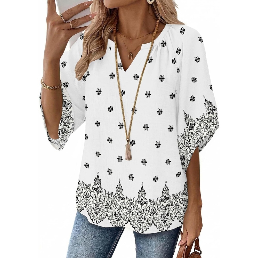 image:imageZeagoo Womens Tops 34 Sleeve V Neck Bohemian Blouses Casual TunicMulti Apricot Mz920