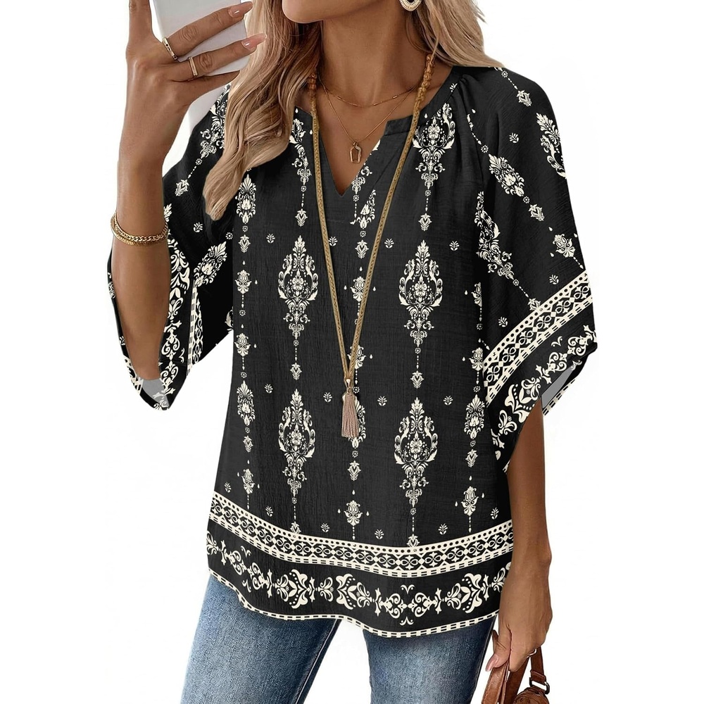 image:imageZeagoo Womens Tops 34 Sleeve V Neck Bohemian Blouses Casual TunicMulti Black Mz921