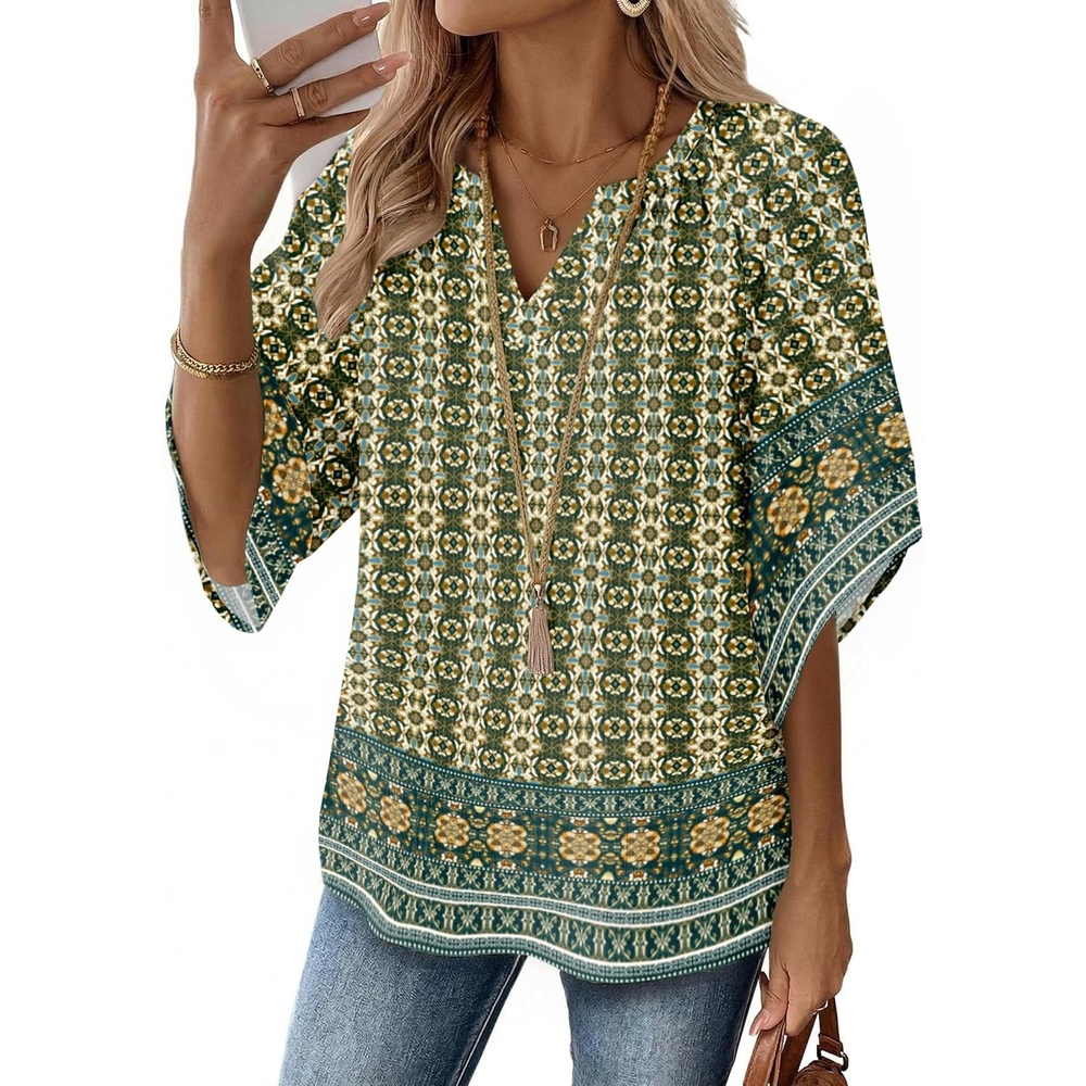 image:imageZeagoo Womens Tops 34 Sleeve V Neck Bohemian Blouses Casual TunicMulti Blue Mz925