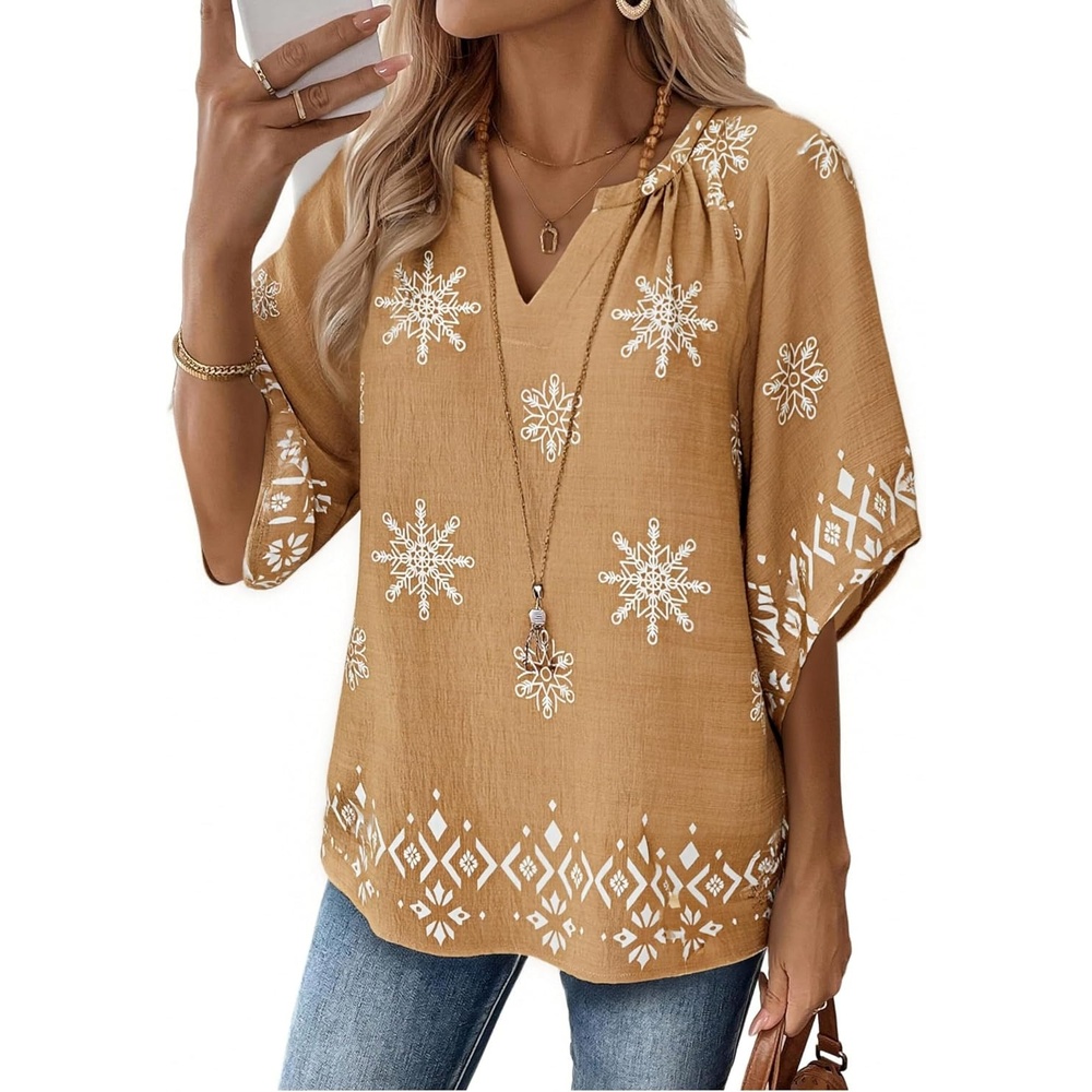 image:imageZeagoo Womens Tops 34 Sleeve V Neck Bohemian Blouses Casual TunicMulti Coffee Mz917
