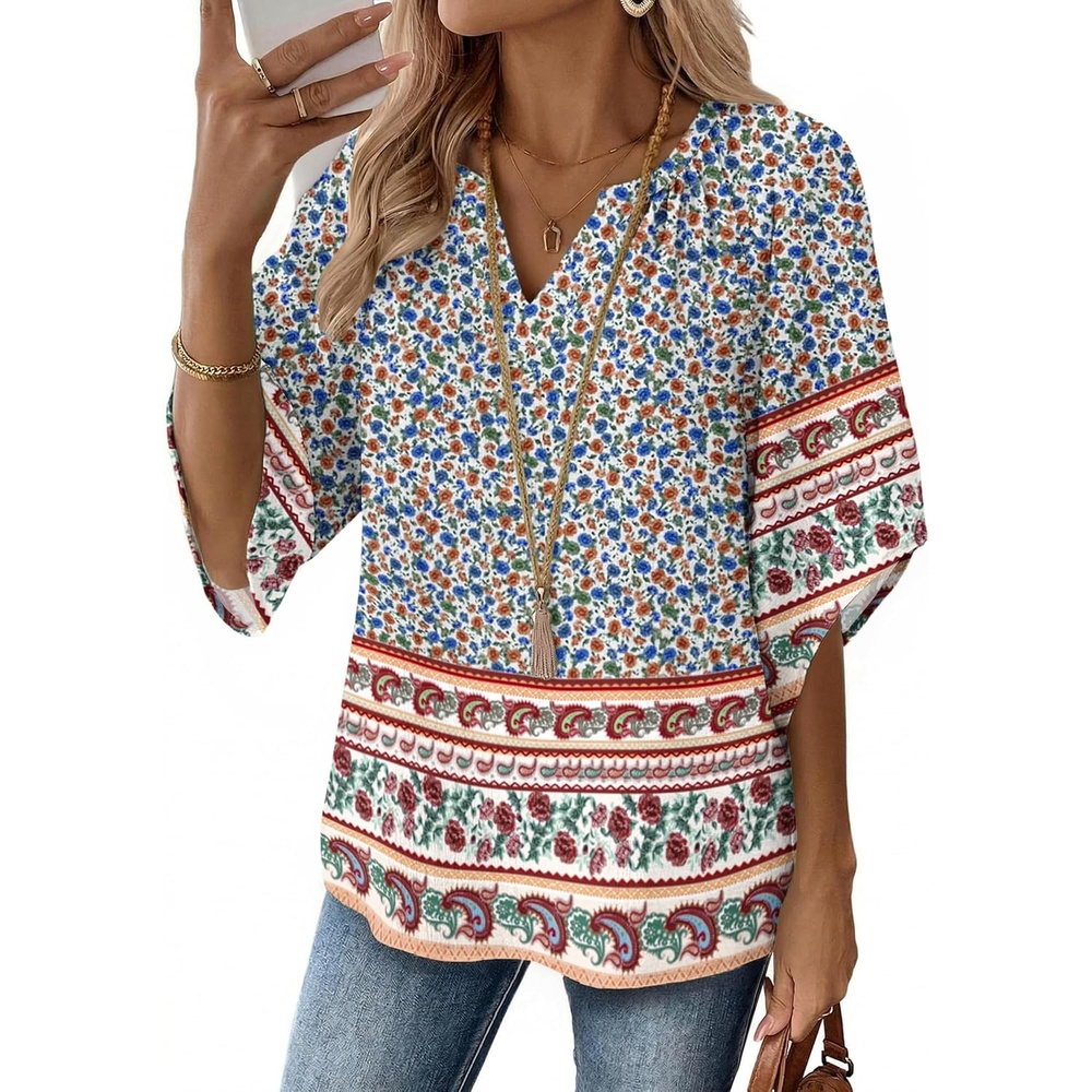 image:imageZeagoo Womens Tops 34 Sleeve V Neck Bohemian Blouses Casual TunicMulti Floral Mz914
