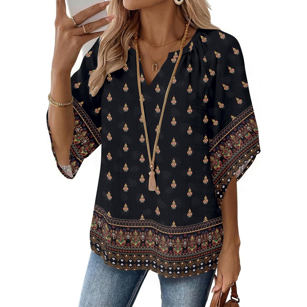 image:imageZeagoo Womens Tops 34 Sleeve V Neck Bohemian Blouses Casual TunicMulticolor Black Mz930