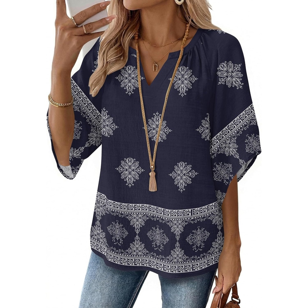 image:imageZeagoo Womens Tops 34 Sleeve V Neck Bohemian Blouses Casual TunicNavy Blue Mz918