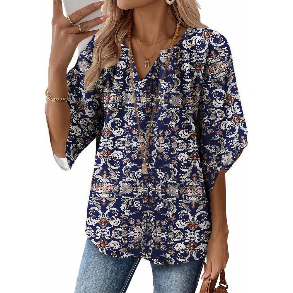 image:imageZeagoo Womens Tops 34 Sleeve V Neck Bohemian Blouses Casual TunicNavy Floral Mz869