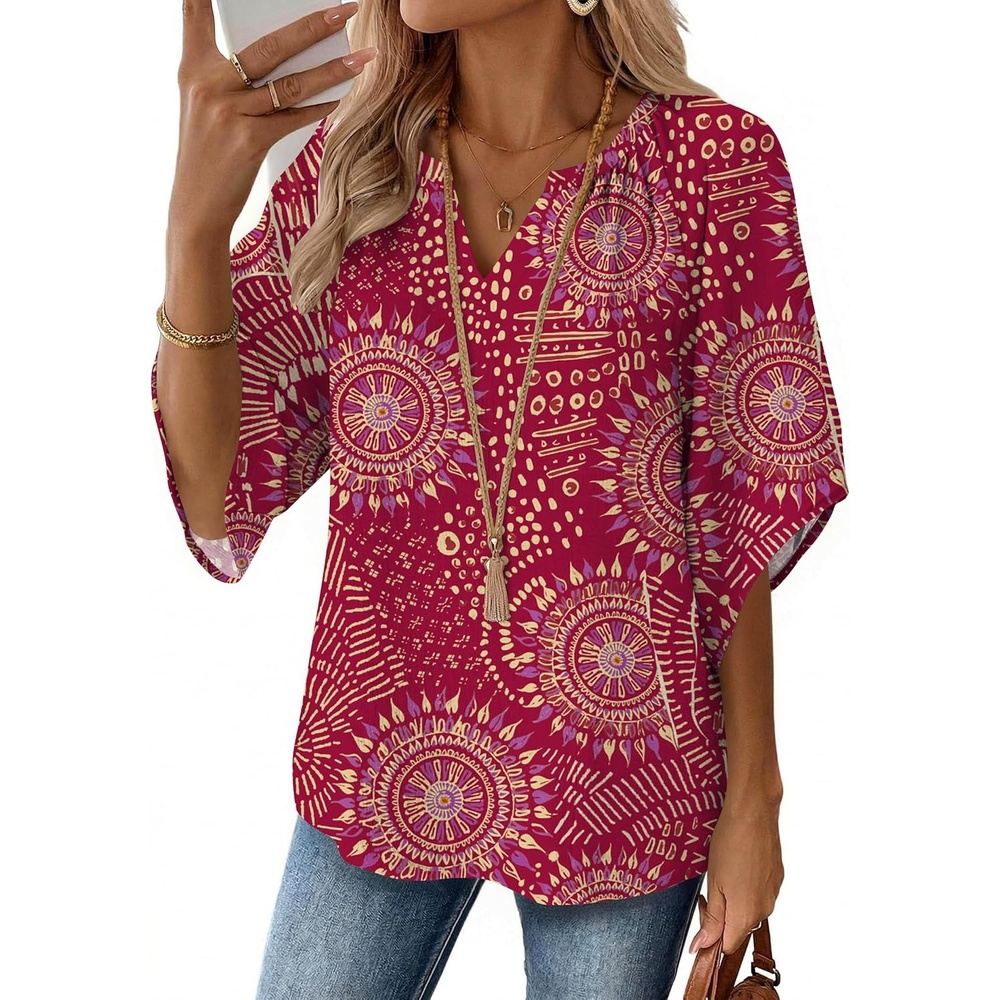 image:imageZeagoo Womens Tops 34 Sleeve V Neck Bohemian Blouses Casual TunicPink Boho Cx320