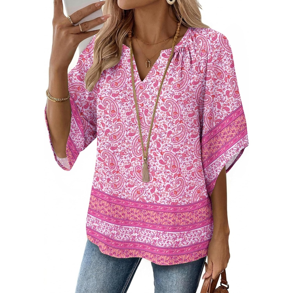 image:imageZeagoo Womens Tops 34 Sleeve V Neck Bohemian Blouses Casual TunicPink Floral Mz744