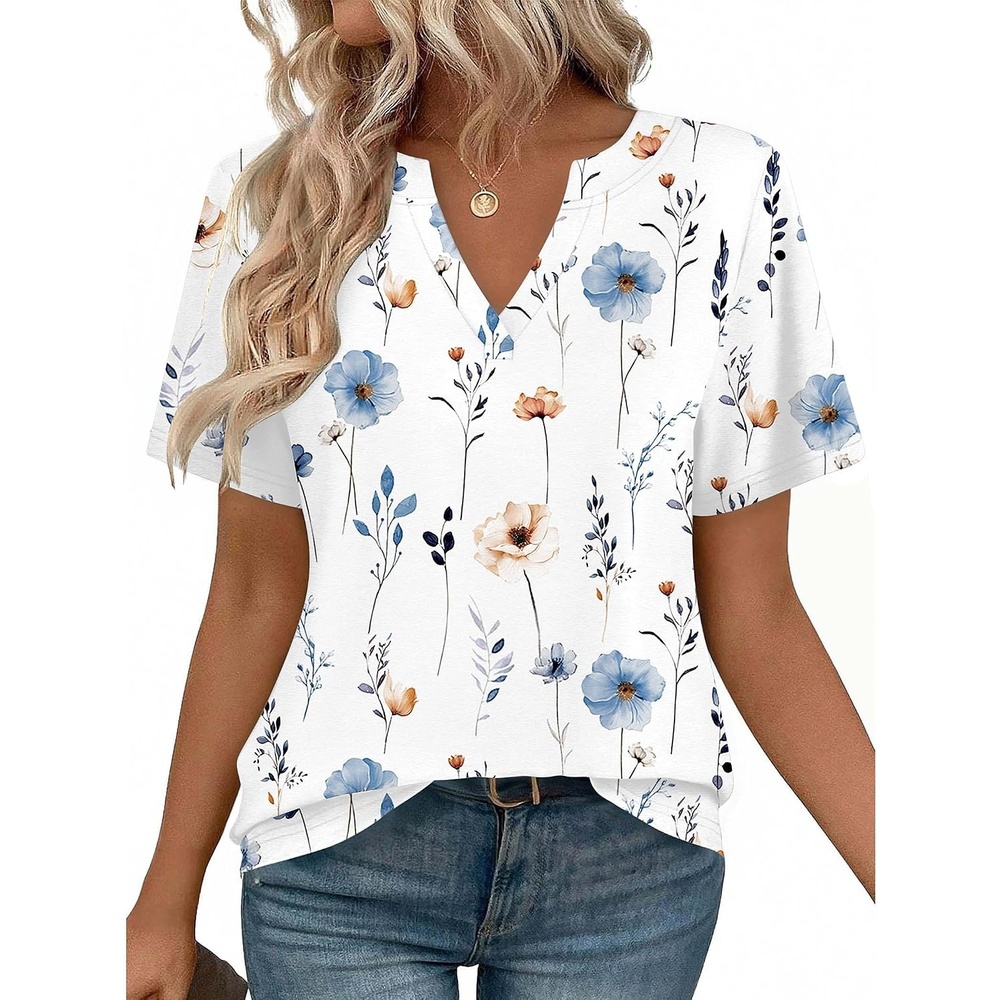 image:imageZeagoo Womens Tops Short Sleeve V Neck Tee Shirts Cute Dressy CasualAwhite Flowers Bf290