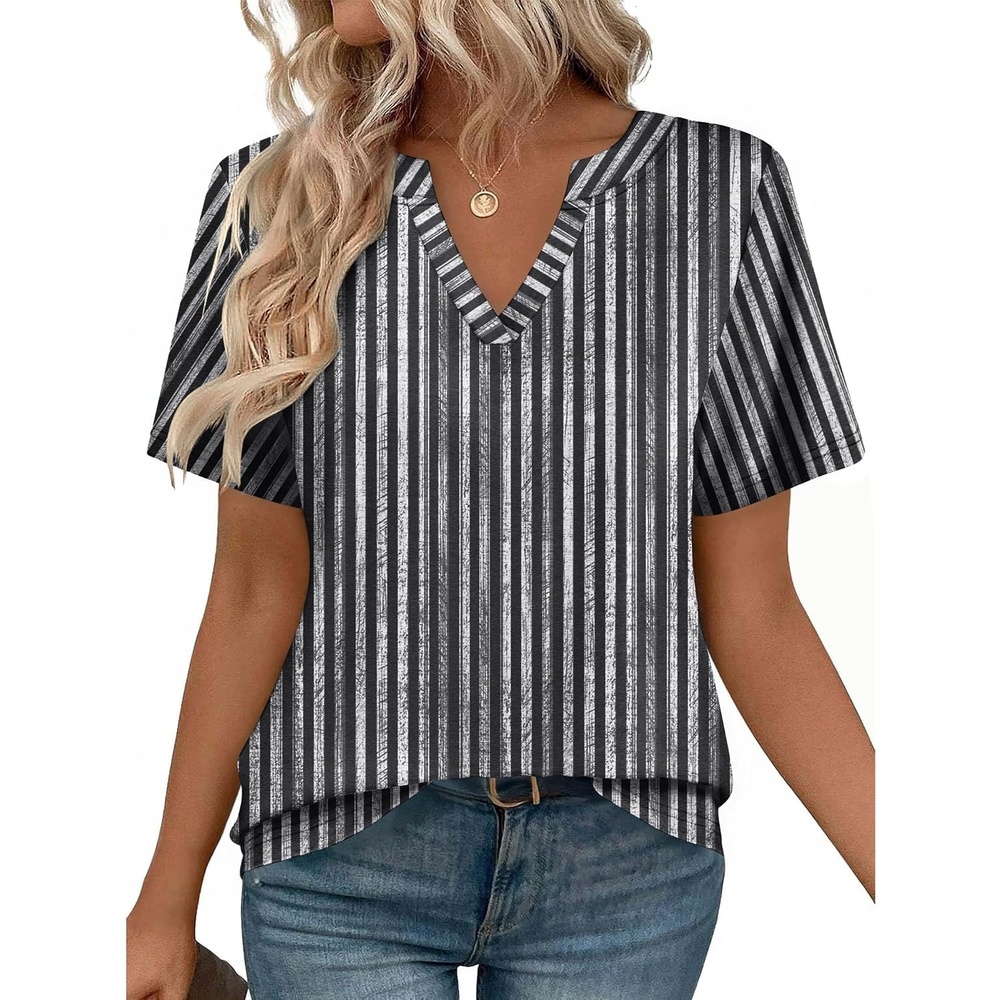 image:imageZeagoo Womens Tops Short Sleeve V Neck Tee Shirts Cute Dressy CasualBlack White Stripes Tz530