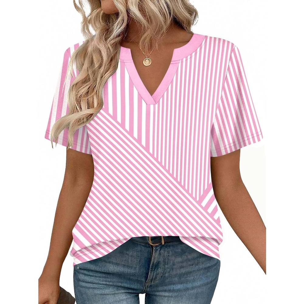 image:imageZeagoo Womens Tops Short Sleeve V Neck Tee Shirts Cute Dressy CasualPink and White Stripes Tz300