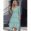 Zeagoo Midi Dresses Women 2026 Dress 3/4 Sleeve Casual Dresses with Pockets A Line Summer Beach Sundress(Ethnic Green Apricot)