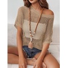 Zeagoo Short Sleeve Crochet Sweater Lightweight Summer Tops Beach Cover Ups(Khaki)