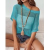 Zeagoo Short Sleeve Crochet Sweater Lightweight Summer Tops Beach Cover Ups(Peacock Blue)