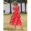 Zeagoo Women Summer Midi A Line Dress Short Sleeve Casual Flowy Tiered Beach Long Sundress with Pockets 2026 Vacation Travel(Red Floral)