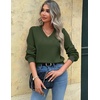 Zeagoo Women V-Neck Cropped Sweater Fall Long Sleeve Knit Pullover Tops(Army Green)