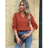 Zeagoo Women V-Neck Cropped Sweater Fall Long Sleeve Knit Pullover Tops(Brick Red)