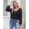 Zeagoo Women V-Neck Cropped Sweater Fall Long Sleeve Knit Pullover Tops(Color Block Black)