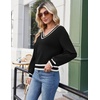 Zeagoo Women V-Neck Cropped Sweater Fall Long Sleeve Knit Pullover Tops(Color Block Black)
