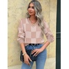 Zeagoo Women V-Neck Cropped Sweater Fall Long Sleeve Knit Pullover Tops(Khakiplaid)