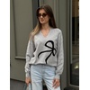 Zeagoo Womens 2026 Fall Sweaters Casual Long Sleeve V Neck Loose Lightweight Crochet Knit Pullover Sweater Tops(Bowknot Grey)