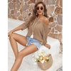 Zeagoo Womens Crochet Tops 3/4 Sleeve Summer Sweaters Hollow Out Knit Tops(Khaki)