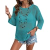 Zeagoo Womens Crochet Tops 3/4 Sleeve Summer Sweaters Hollow Out Knit Tops(Lake Blue)