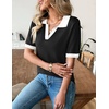 Zeagoo Womens Polo Sweater Short Sleeve V Neck Knitted Business Casual Office Tops Spring Pullover(Black White)