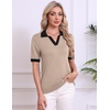 Zeagoo Womens Polo Sweater Short Sleeve V Neck Knitted Business Casual Office Tops Spring Pullover(Khaki Black)